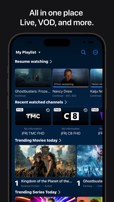 IPTV+ home screen on iPhone with Resume Watching, recent channels, and trending rows