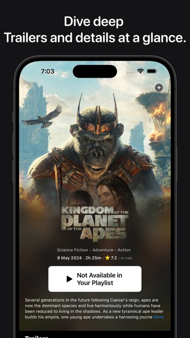 IPTV+ detail page on iPhone with artwork, metadata, and trailers for a title from the user's playlist