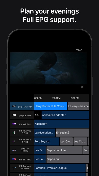 IPTV+ player above a full EPG grid on iPhone