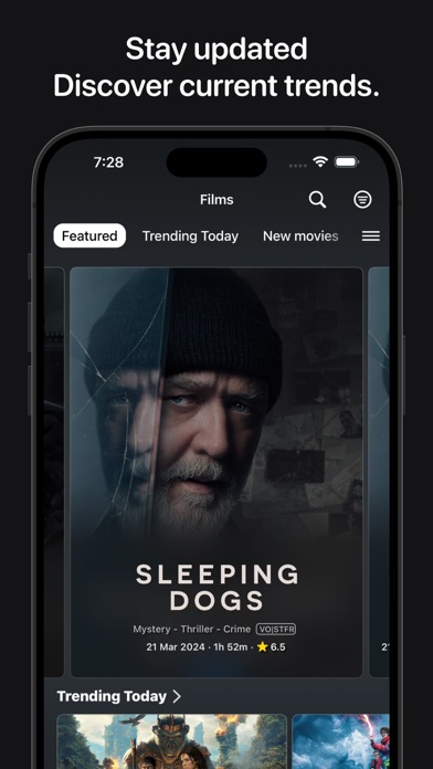 IPTV+ Films section on iPhone with Featured, Trending Today, and New Movies filters