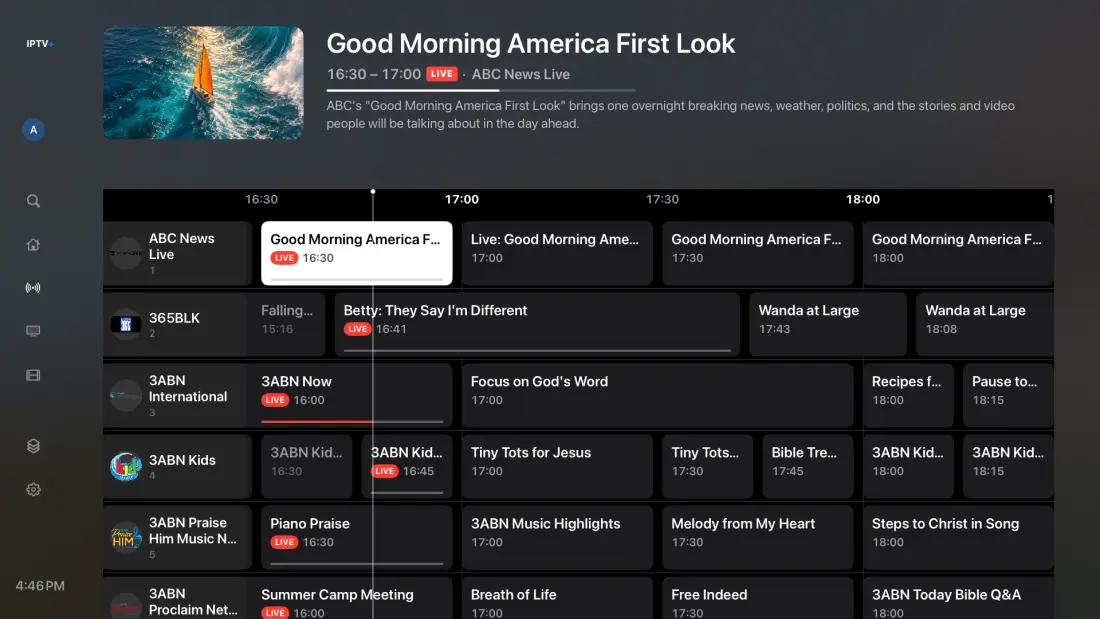 The IPTV+ live TV guide on Apple TV