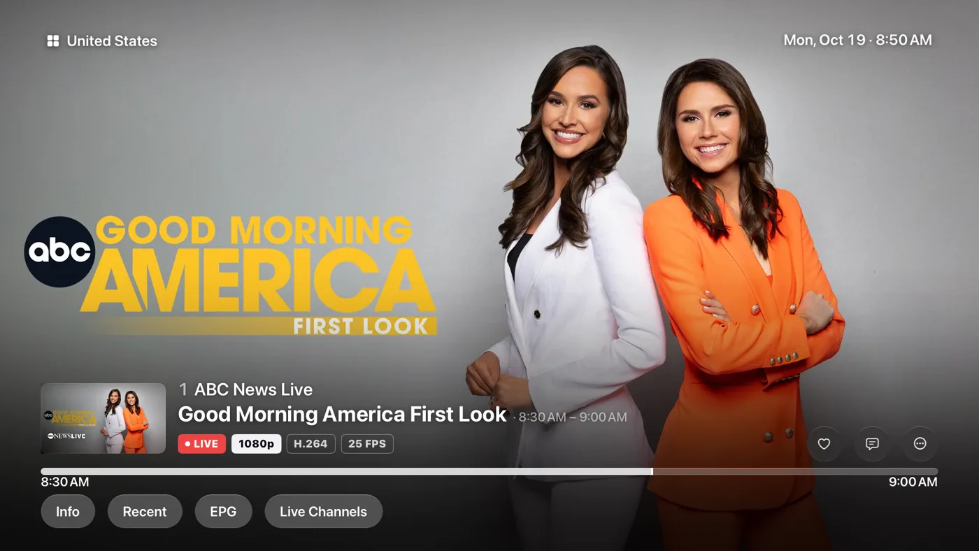 A live channel playing in IPTV+ on Apple TV