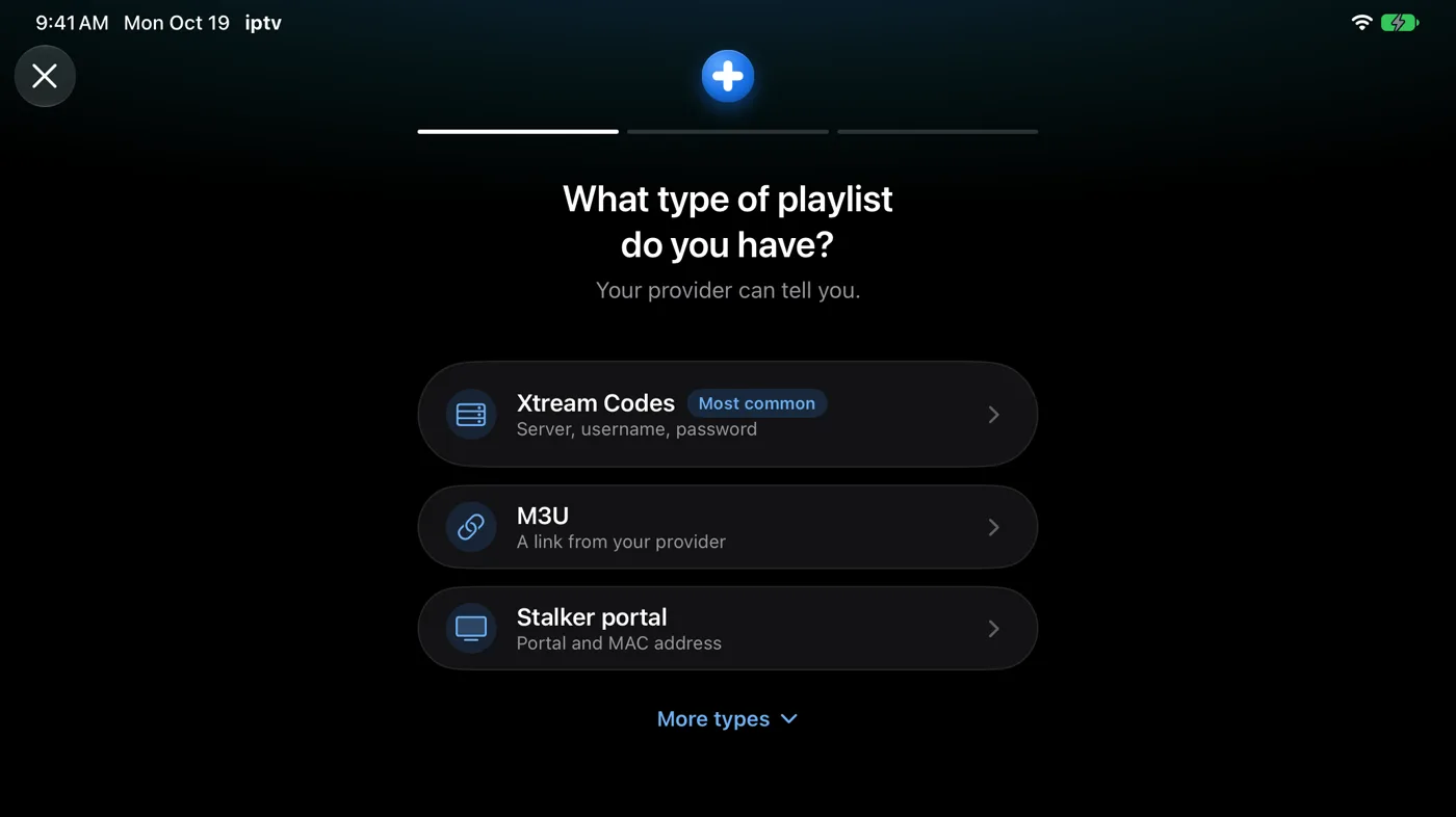 Choosing a playlist type when adding a playlist in IPTV+