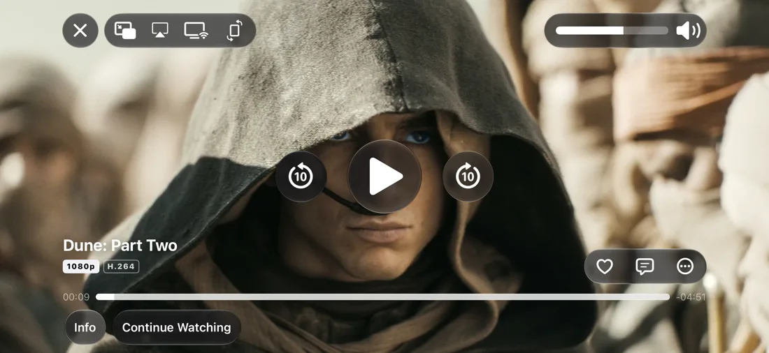 The IPTV+ player on iPhone with AirPlay and Google Cast buttons