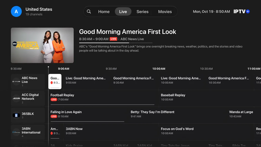The IPTV+ live TV guide on Apple TV