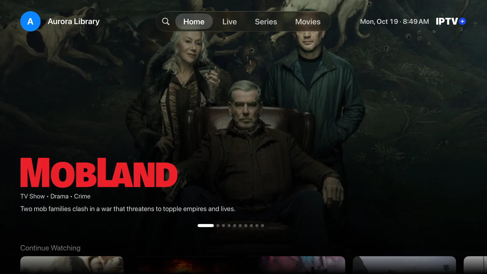 IPTV+ home screen on Apple TV with a featured series and Continue Watching