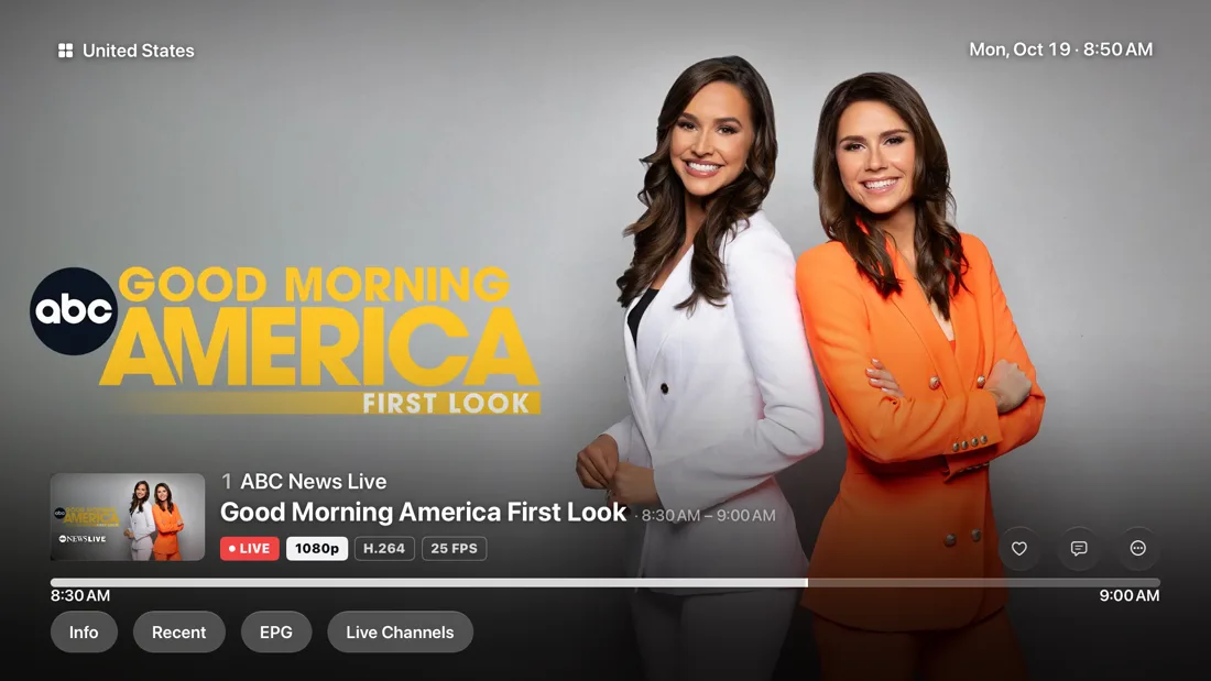 IPTV+ playing a live channel on Apple TV